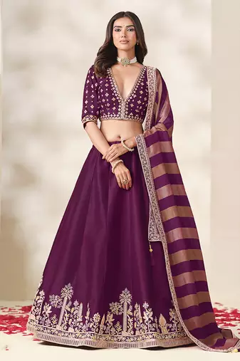 Wine Purple Art Silk Embroidered Sangeet Function Lehenga Choli