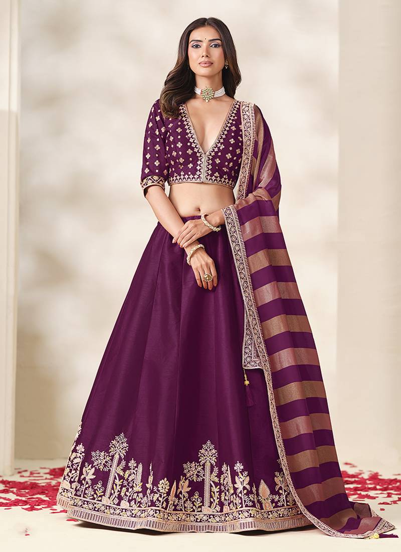 Wine Purple Art Silk Embroidered Sangeet Function Lehenga Choli