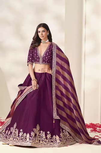 Wine Purple Art Silk Embroidered Sangeet Function Lehenga Choli