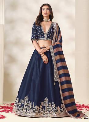 Navy Blue Art Silk Embroidered Sangeet Function Lehenga Choli 1