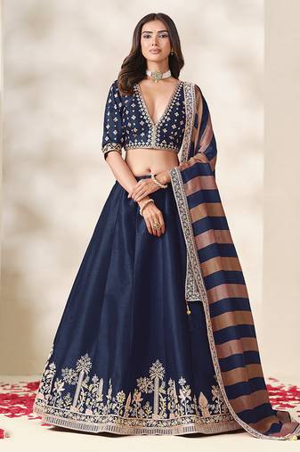 Navy Blue Art Silk Embroidered Sangeet Function Lehenga Choli