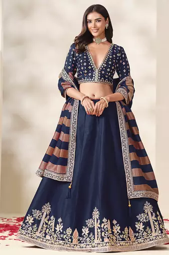 Navy Blue Art Silk Embroidered Sangeet Function Lehenga Choli