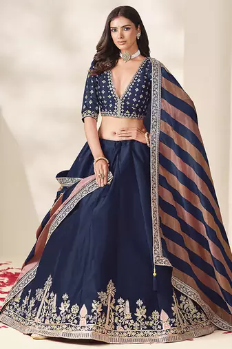Navy Blue Art Silk Embroidered Sangeet Function Lehenga Choli