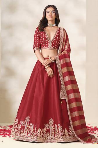 Red Art Silk Embroidered Sangeet Function Lehenga Choli
