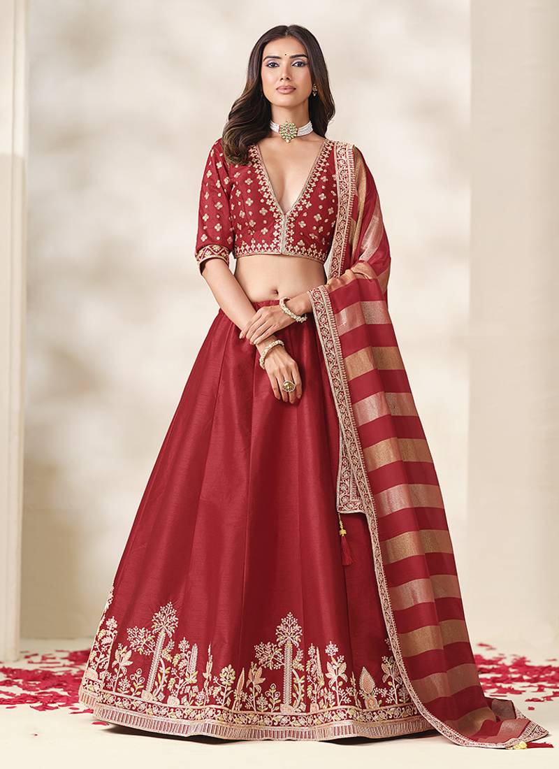 Red Art Silk Embroidered Sangeet Function Lehenga Choli