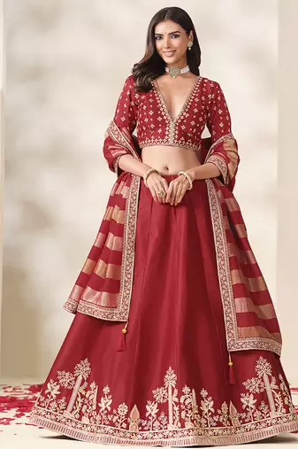 Red Art Silk Embroidered Sangeet Function Lehenga Choli