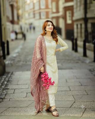 White&mauve georgette readymade suit with embroidery & sequence work 1