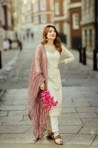 White&mauve georgette readymade suit with embroidery & sequence work
