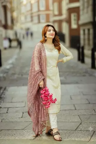 White&mauve georgette readymade suit with embroidery & sequence work