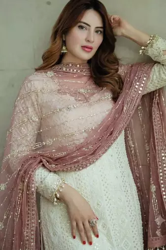 White&mauve georgette readymade suit with embroidery & sequence work