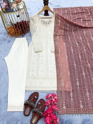 White&mauve georgette readymade suit with embroidery & sequence work 3