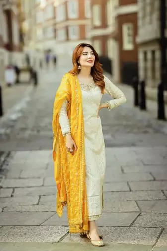 White&yellow georgette readymade suit with embroidery & sequence work