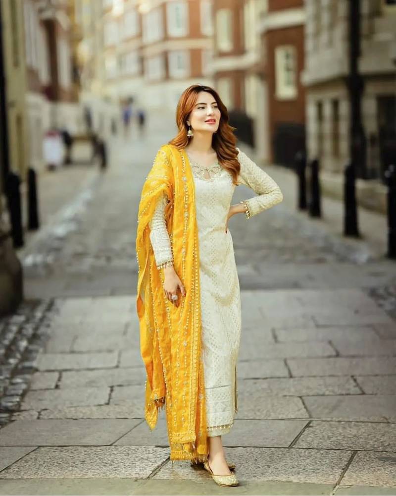 White&yellow georgette readymade suit with embroidery & sequence work
