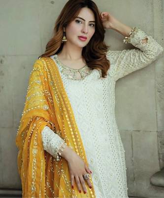 White&yellow georgette readymade suit with embroidery & sequence work 2