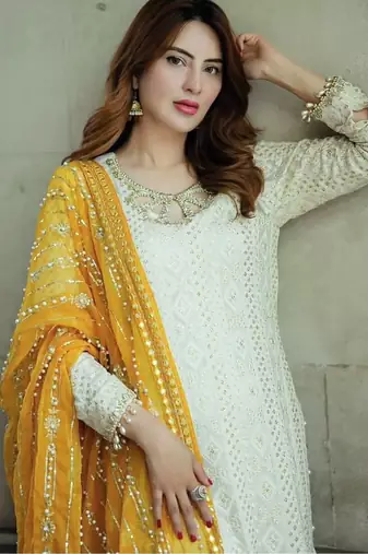 White&yellow georgette readymade suit with embroidery & sequence work