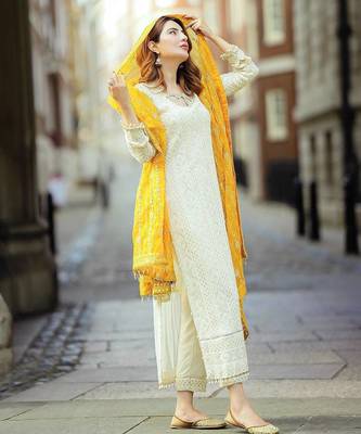 White&yellow georgette readymade suit with embroidery & sequence work 3