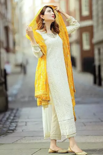 White&yellow georgette readymade suit with embroidery & sequence work