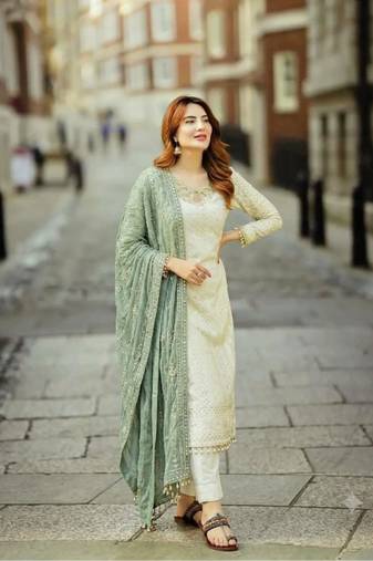 White&sea-green georgette readymade suit with embroidery & sequence work