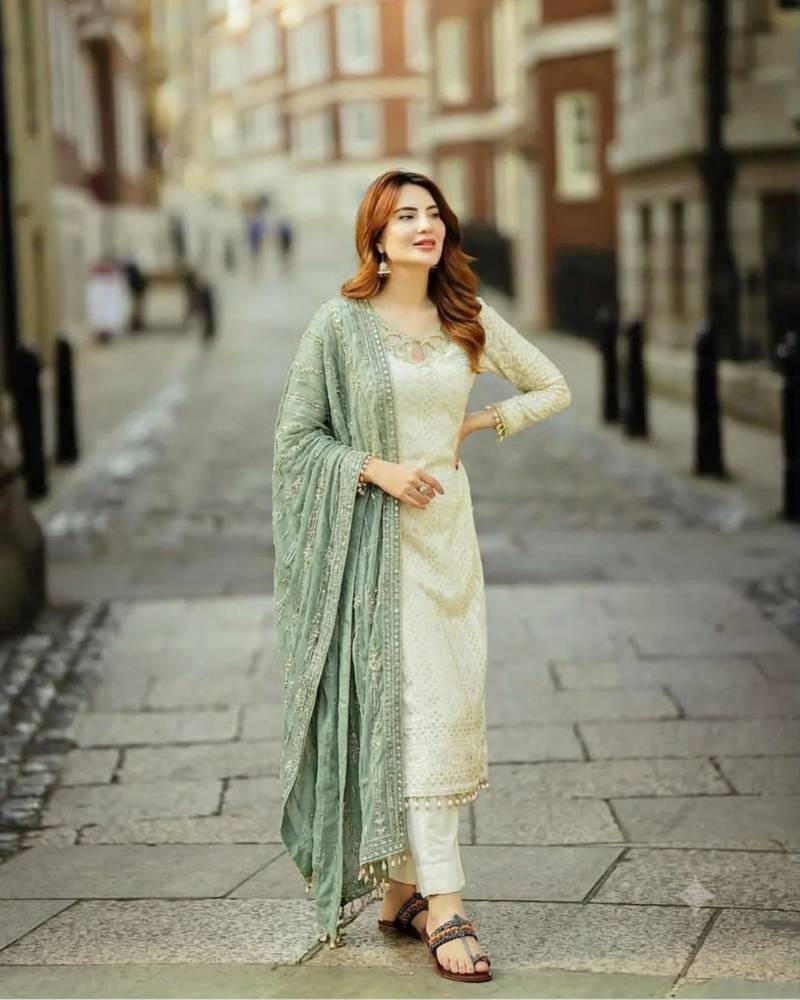 White&sea-green georgette readymade suit with embroidery & sequence work