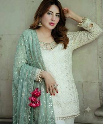 White&sea-green georgette readymade suit with embroidery & sequence work 2