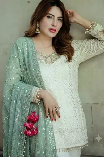 White&sea-green georgette readymade suit with embroidery & sequence work