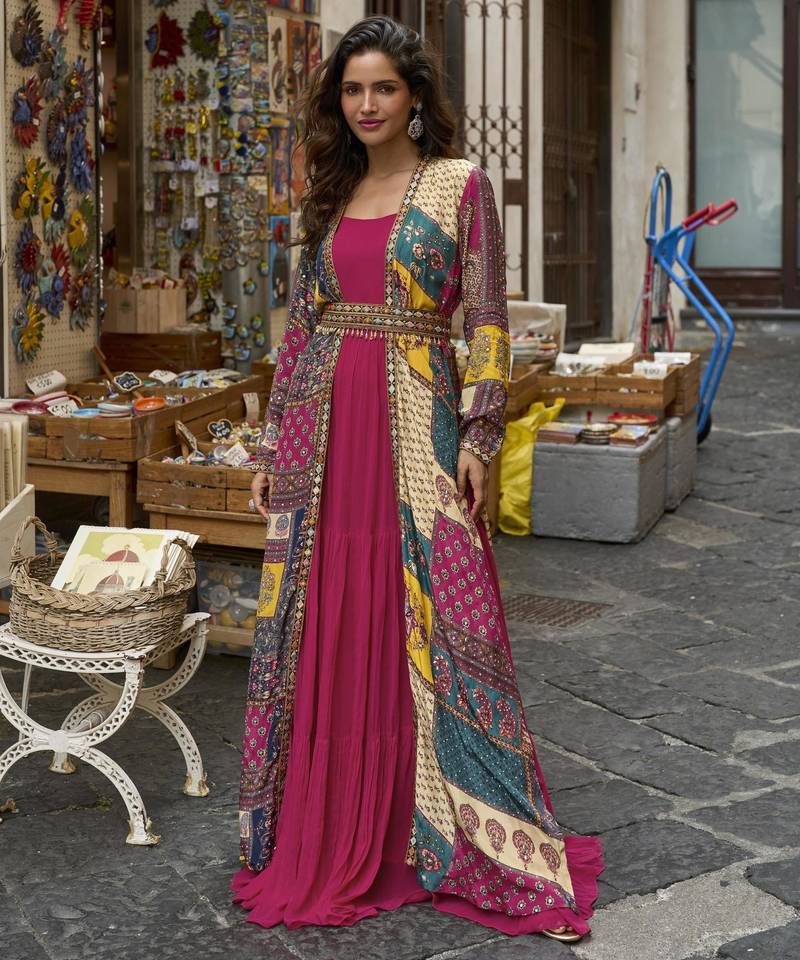 Magenta georgette readymade shrug suit with embroidery work