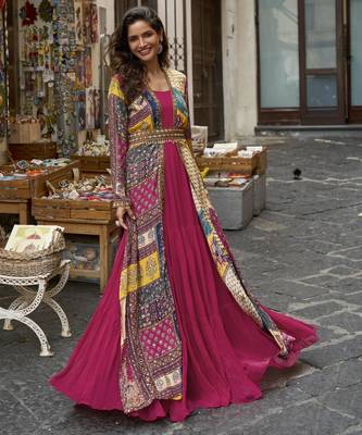 Magenta georgette readymade shrug suit with embroidery work 3