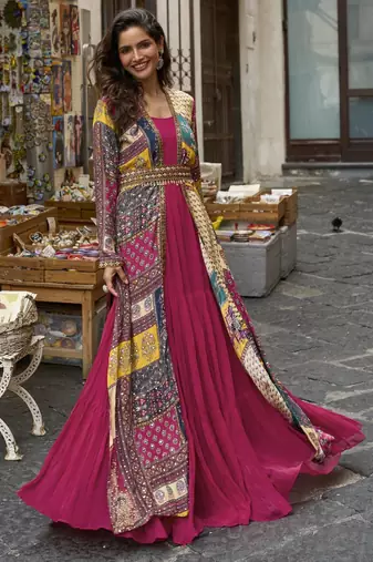 Magenta georgette readymade shrug suit with embroidery work