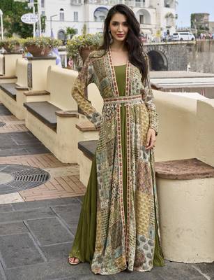 Olive georgette readymade shrug anarkali with embroidery work 1
