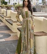 Olive georgette readymade shrug anarkali with embroidery work