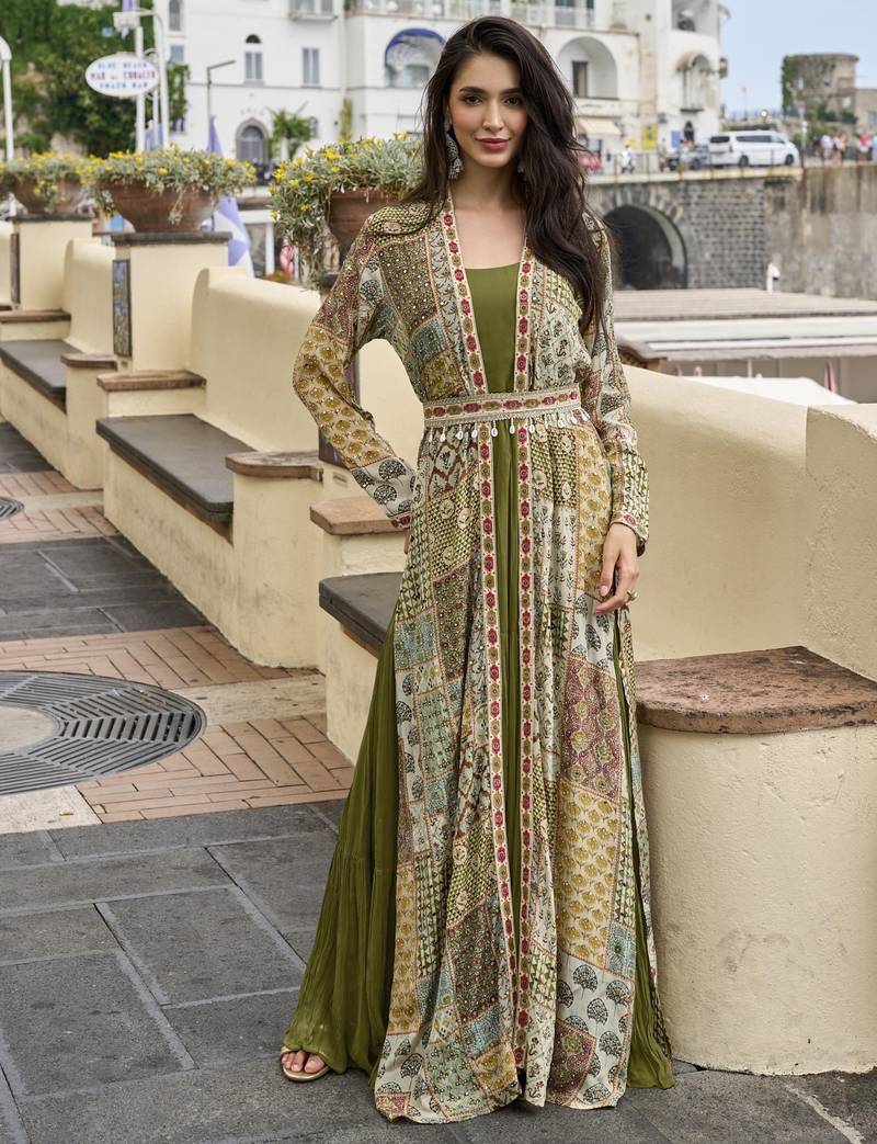 Olive georgette readymade shrug anarkali with embroidery work