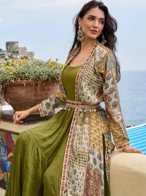 Olive georgette readymade shrug anarkali with embroidery work 2