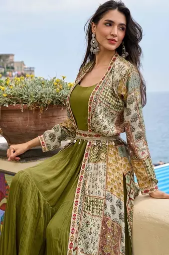 Olive georgette readymade shrug anarkali with embroidery work