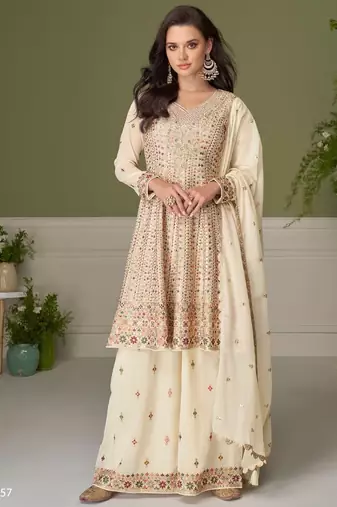 White georgette readymade suit with embroidery & sequence work