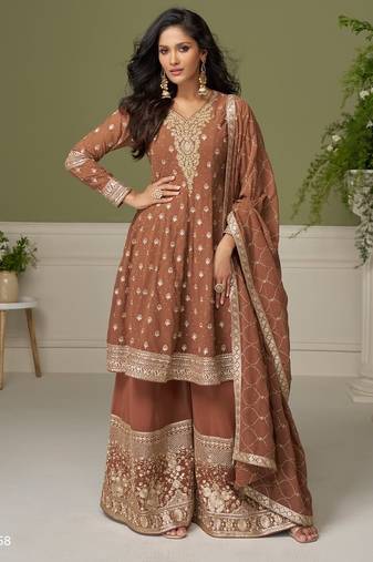 Brown georgette readymade suit with embroidery & sequence work