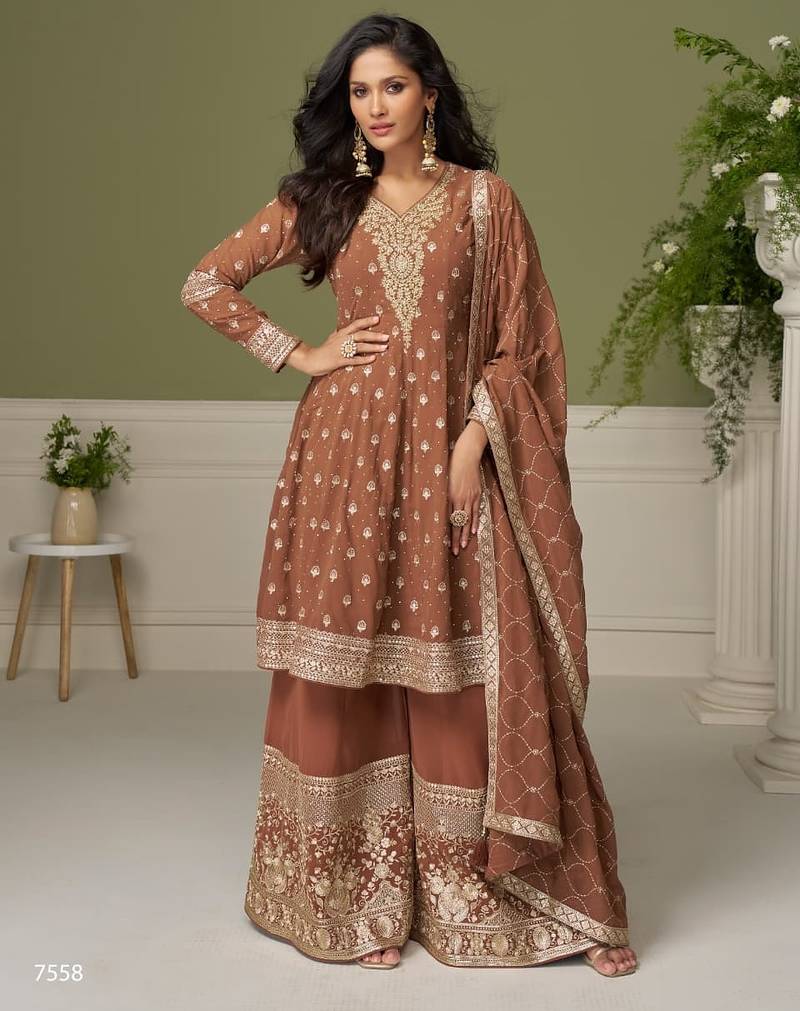 Brown georgette readymade suit with embroidery & sequence work