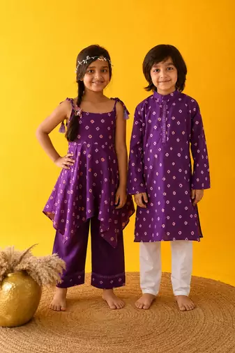 Purple bandhani silk & cotton palazzo set & kurta pyjama brother sister matching combo