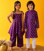 Purple bandhani silk & cotton palazzo set & kurta pyjama brother sister matching combo