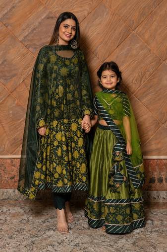 Green hand embroidered cotton anarkali set & lehenga choli mother daughter matching combo