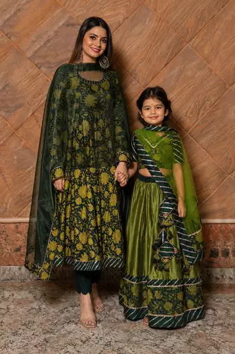 Green hand embroidered cotton anarkali set & lehenga choli mother daughter matching combo