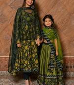 Green hand embroidered cotton anarkali set & lehenga choli mother daughter matching combo