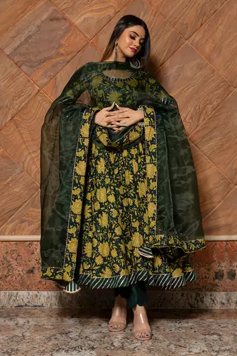 Green hand embroidered cotton anarkali set & lehenga choli mother daughter matching combo