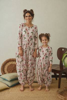 Pink & berry floral & abstract printed linen jumpsuit mother daughter matching combo 1