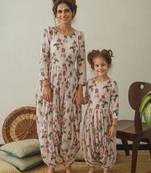 Pink & berry floral & abstract printed linen jumpsuit mother daughter matching combo