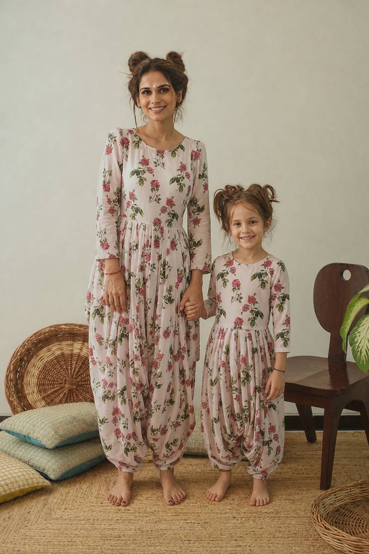 Pink & berry floral & abstract printed linen jumpsuit mother daughter matching combo