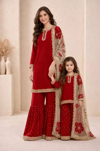 Red sequinned silk sharara set mother daughter matching combo