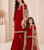 Red sequinned silk sharara set mother daughter matching combo