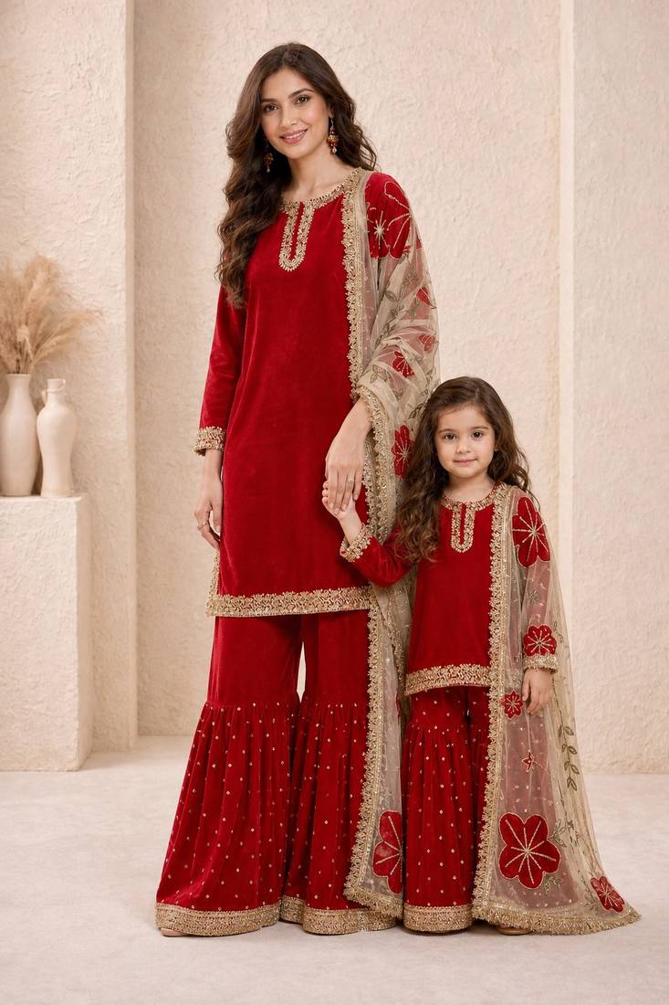 Red sequinned silk sharara set mother daughter matching combo