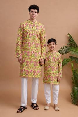 Yellow woven & floral printed cotton kurta pant set father son matching combo 1