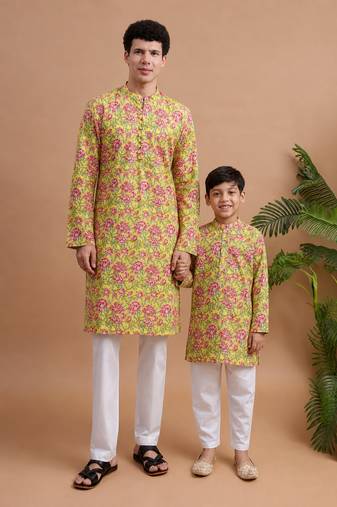 Yellow woven & floral printed cotton kurta pant set father son matching combo